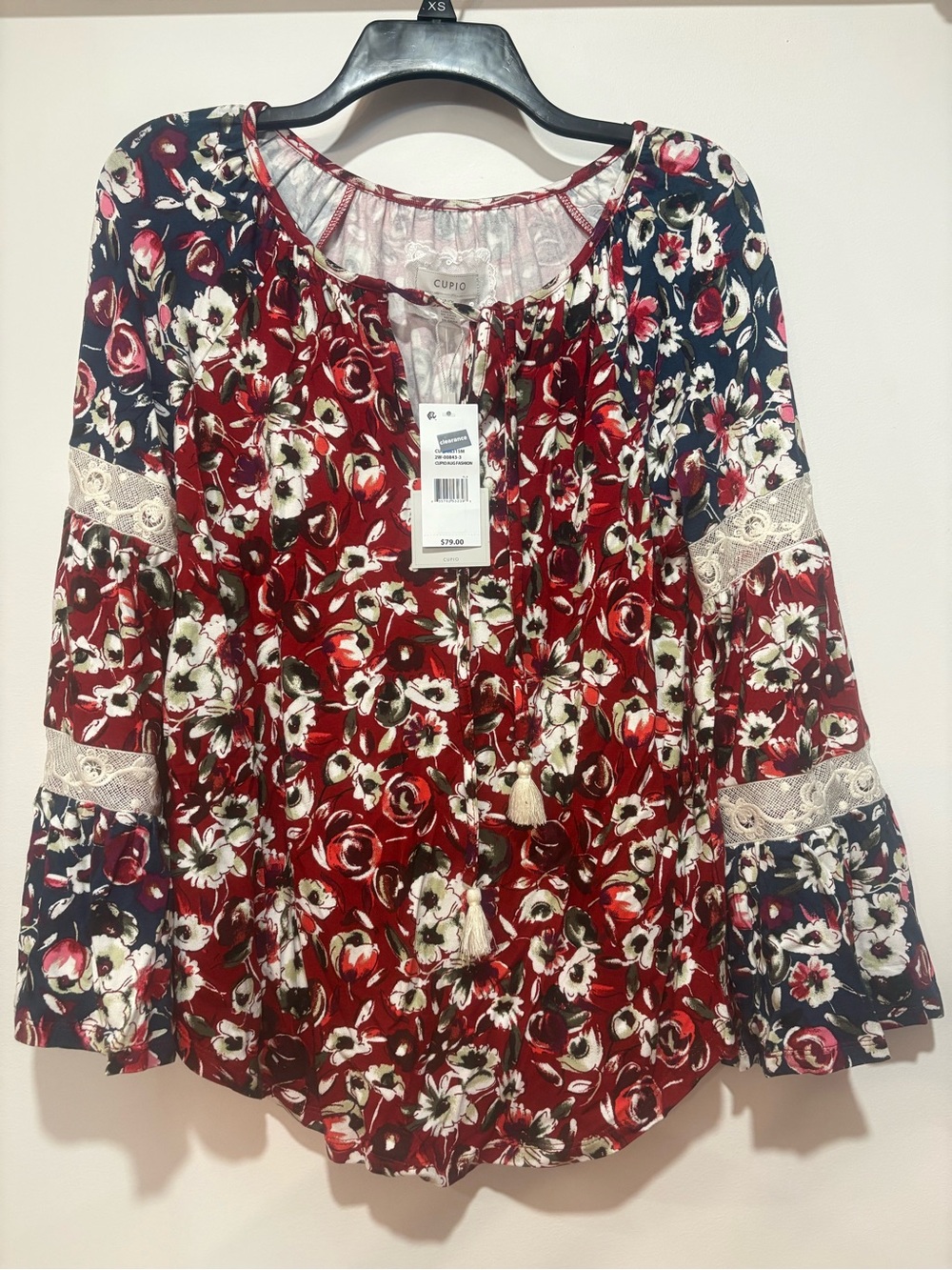 Cupio Red Floral Tassel Peasant Tunic with Lace Insets